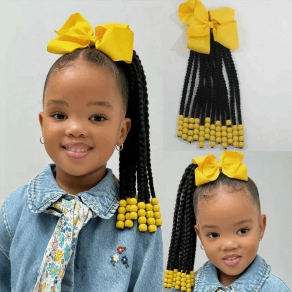 

Elastic Rubber Band Bow Beads Ponytail Extensions Synthetic Kids Hairpiece Wig Birthday Gifts жёлтый