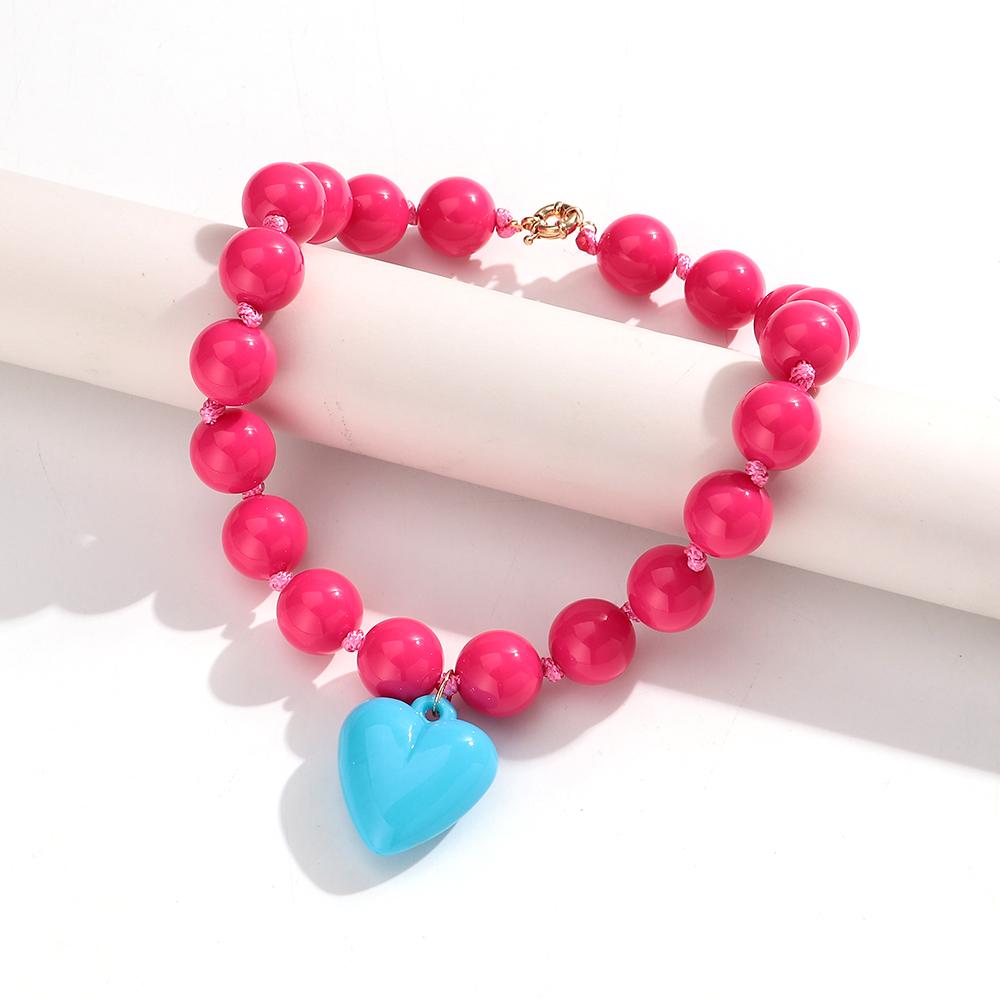 New Colorful Acrylic Heart Pendant Necklace for Women Summer Trendy Handmade Round Beads Y2K Choker Statement Jewelry Gift