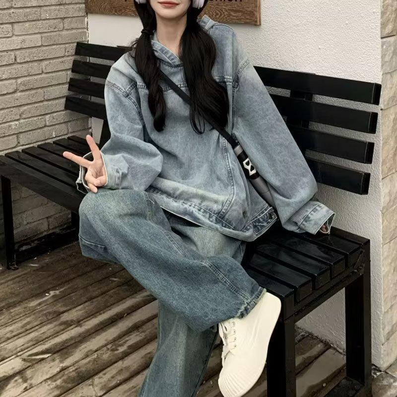 Vintage Women's Denim Sweatshirt Jacket Loose Fit Hooded Pullover Sweatshirt Trendy Spring Autumn