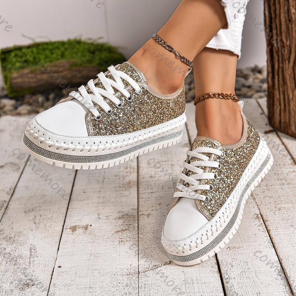 Comemore Women's Casual Shoes Flat Bottom Rhinestone Lace-up Sneakers for Women Spring Autumn Pltatform Sports Board Shoe Female