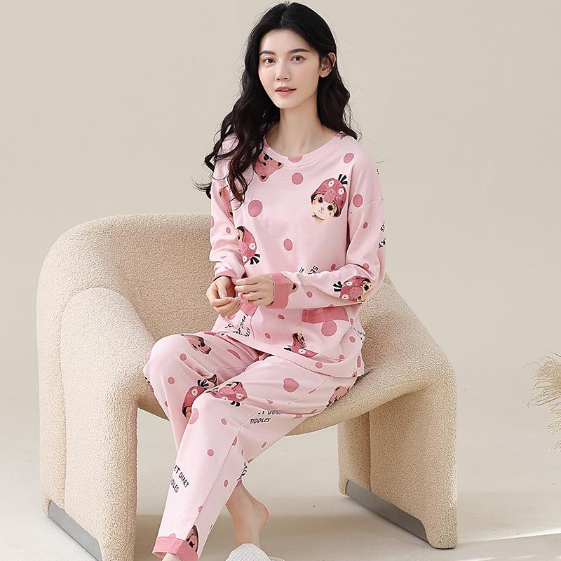 Women's Korean-Style Pure Cotton Printed Long Sleeve Pajama Set for Autumn/Spring