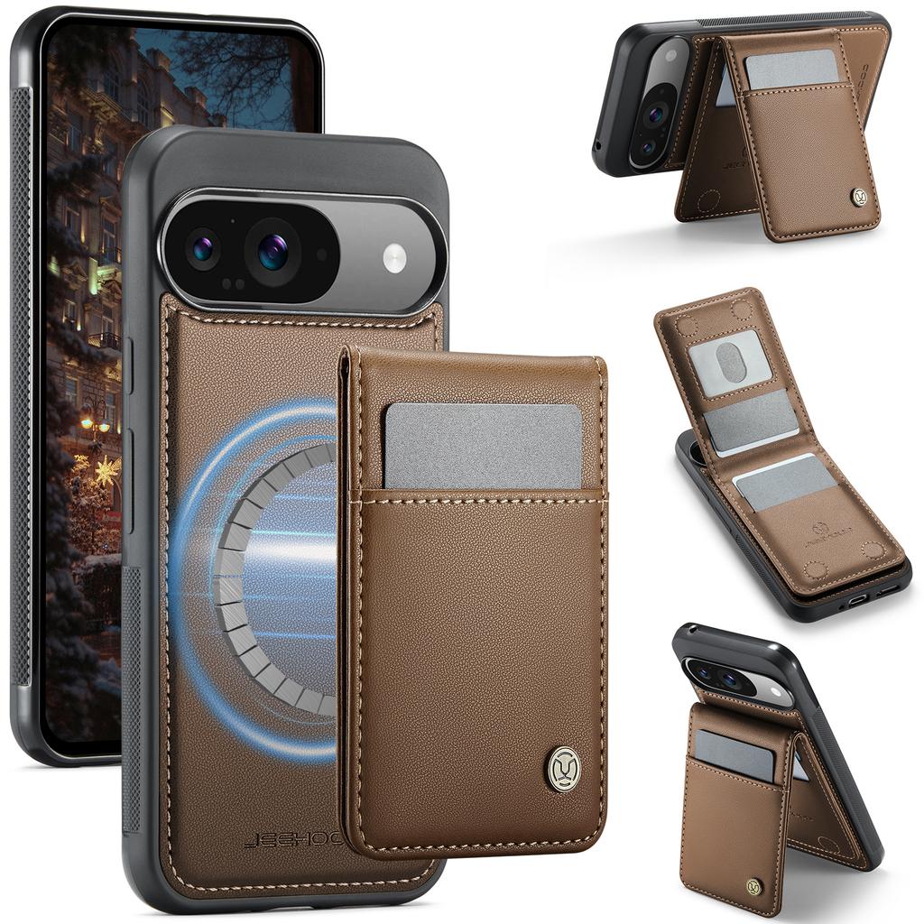 For Google Pixel 9 Pro/Google Pixel 9 Leather Back Cover Compatible with MagSafe JEEHOOD J06 Phone Case with Card Bag RFID Blocking