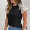 Exquisit Women's Casual Round Neck Top Personalized Beads Splicing Short Sleeve Top T-shirt