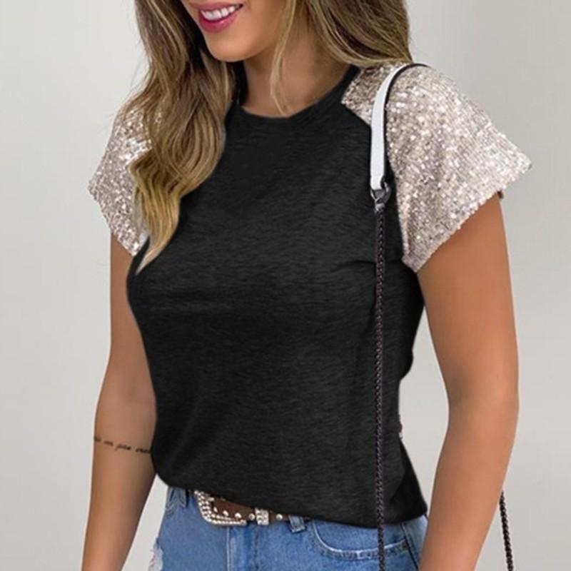 Exquisit Women's Casual Round Neck Top Personalized Beads Splicing Short Sleeve Top T-shirt