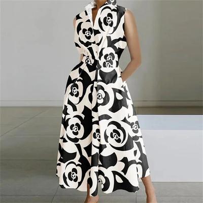 Vestido longo casual feminino verão sem mangas com decote em v cintura retração vestido estampado