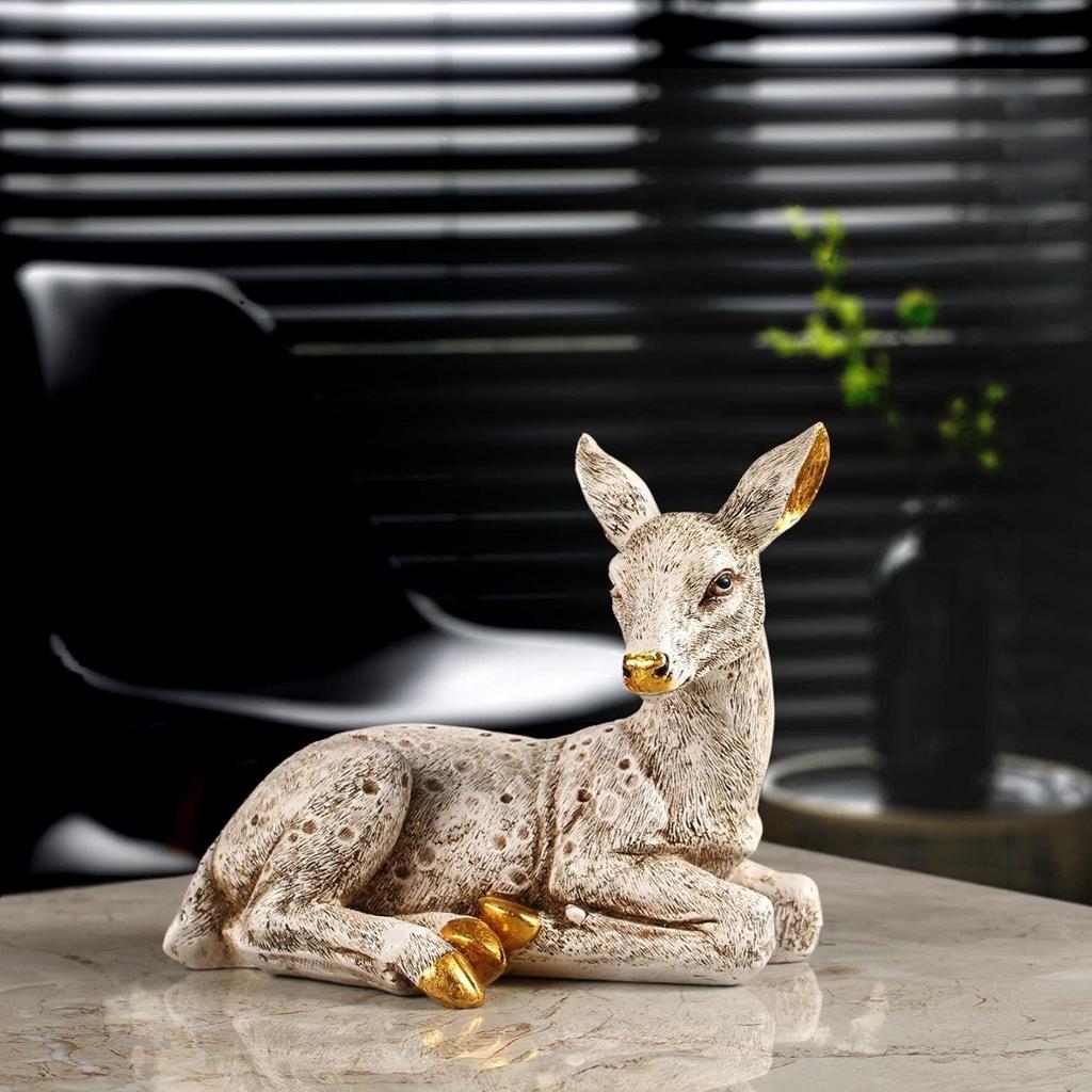 6" Deer Statue Showpiece Antique Finish Table Accent Collectible Figurines For Home Interior Decor Item Handicraft Wild Animal, Multi Colour