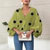 Camicetta da donna casual larga a pois con colletto semiaperto e maniche lunghe a sbuffo