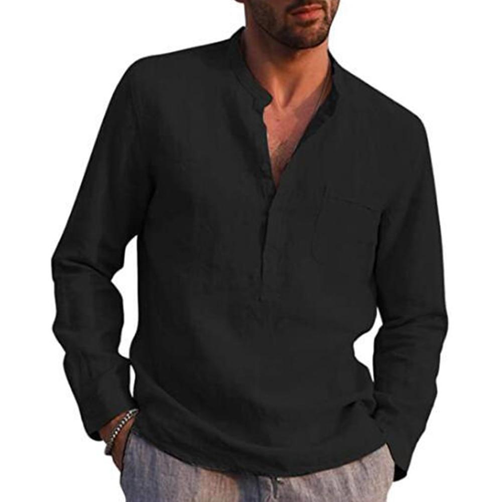 Cotton Linen Men's Long-Sleeved Shirts Summer Solid Color  Stand-Up Collar Casual Beach Style Plus Size