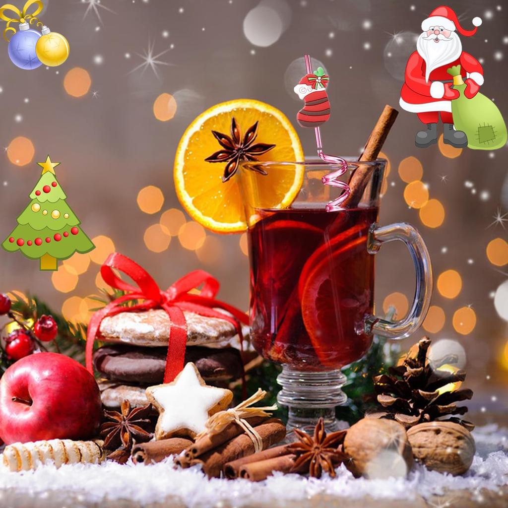 6/12pcs Christmas Reusable Drinking Straws Party Favors Straws with Santa Claus Snowman Elk Bells Christmas Party Gifts for Kids