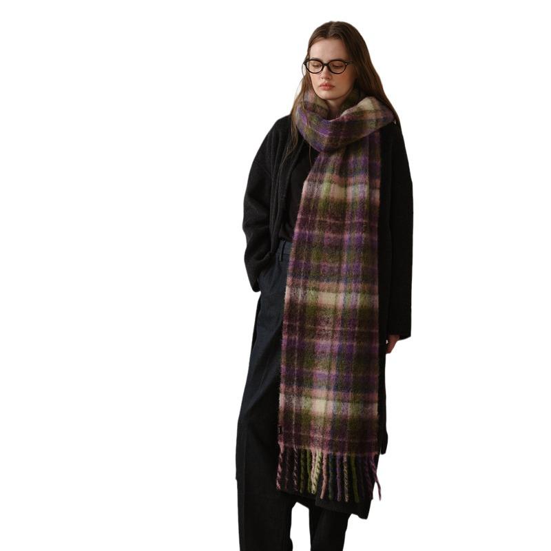 Designer Homemade Mohair Imitation Cashmere Plaid Winter Scarf Women's Thickened Warm Fringed Scarf Shawl