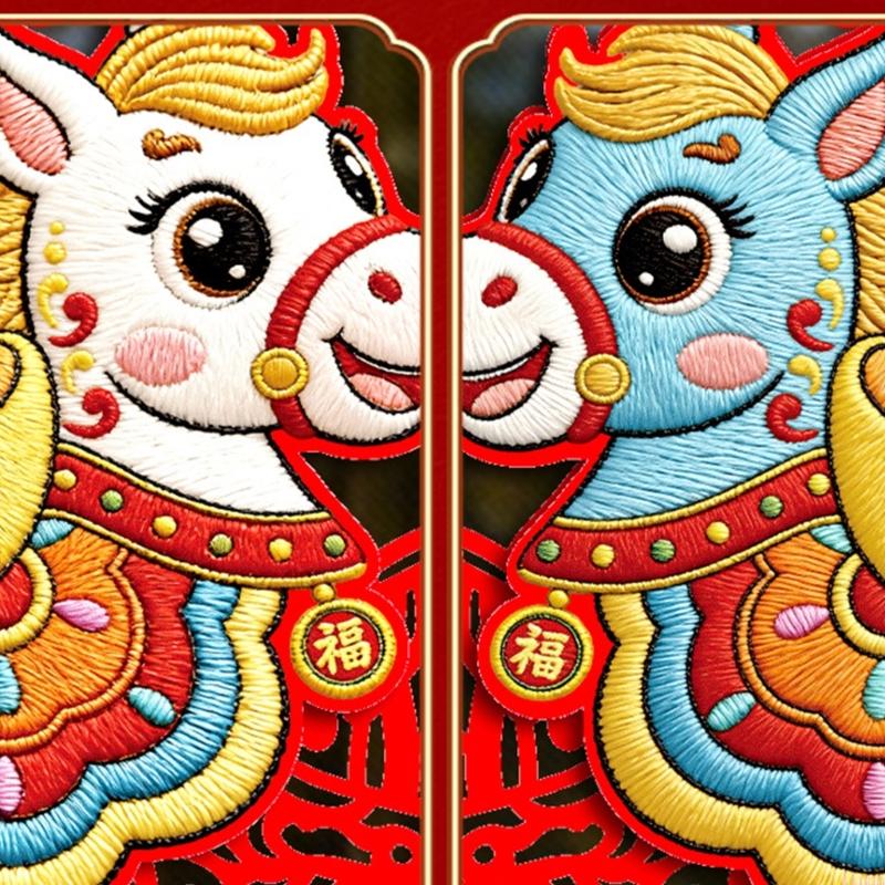 

Set of 2 Auspicious Symbols Embroidered Horse Chinese New Year Hanging Ornaments CN