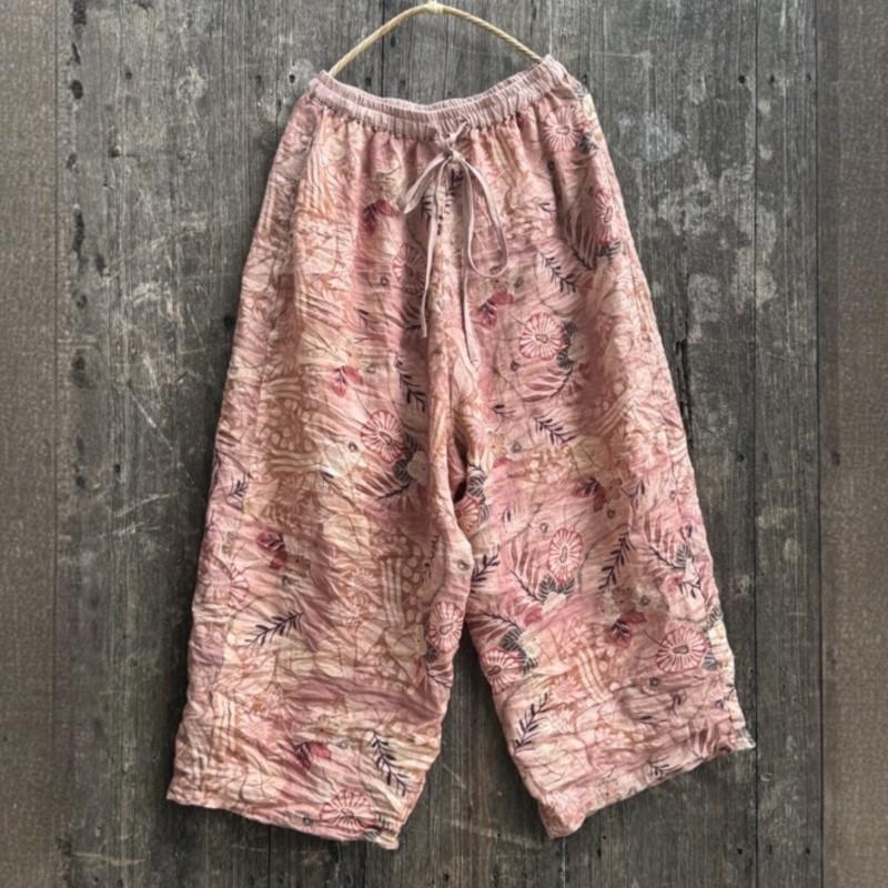 Johnature Women Vintage Wide Leg Pants Elastic Waist Pockets Autumn Loose Trousers Print Floral Belt Soft Pants