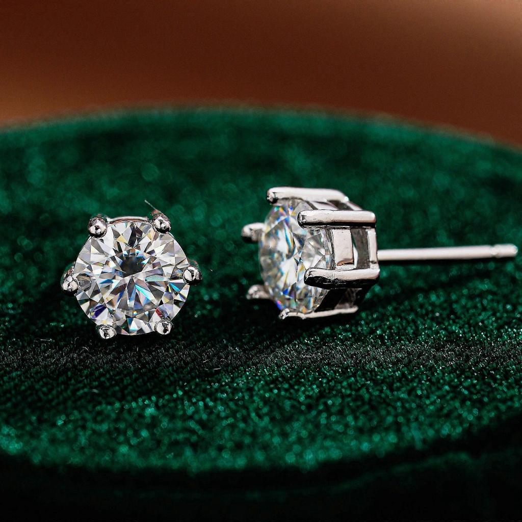 S925 Sterling Silver Six-Prong Round Stud Earrings with 0.5/1ct D Color Moissanite – Hypoallergenic, Unisex, Compatible with Gift Giving