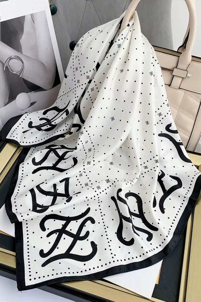 Cream Scarf with Black Monogram 90X90 - Retro Elegance