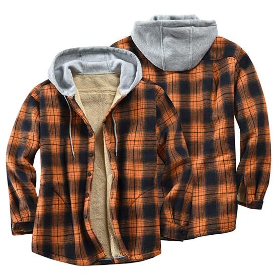 Winter Men Jacket Plaid Buttoned Coldproof Loose Plush Lining Hooded Jacket Outwear