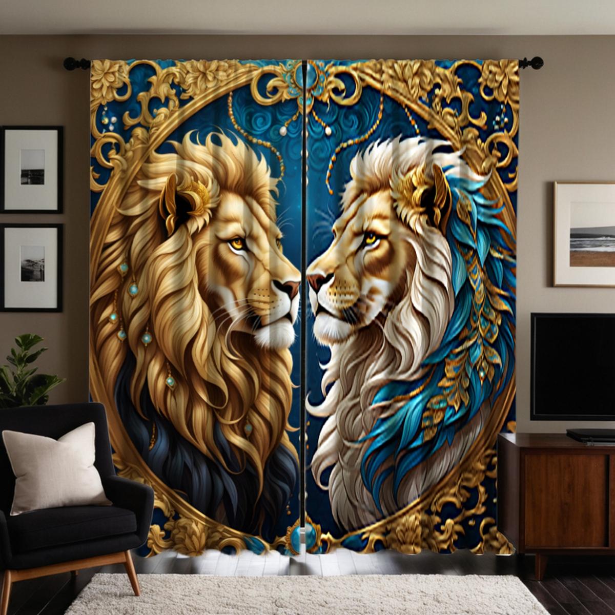 

2 шт. HD Европейский винтажный лев лицом к лицу декоративная занавеска Желтая завязка цифровая печать занавеска украшение дома стиль decora W52H63inchW132H160cm