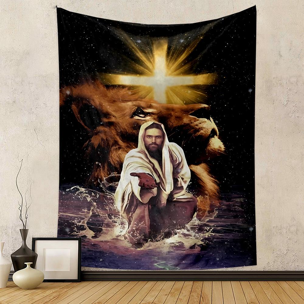 Lejon Ljus Kors Jesus Sträcker sig efter Vatten Religiös Konst Mönstrad gobeläng för sovrum och vardagsrum heminredning