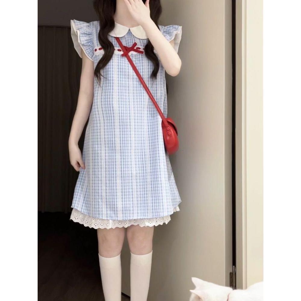 

Японское нежное и милое маленькое платье в стиле колледжа, с широким маленьким рукавом-крылышком, женское свободное, уменьшающее возраст, с кукольным воротником и вставками XL- (recommended 110-60kg)