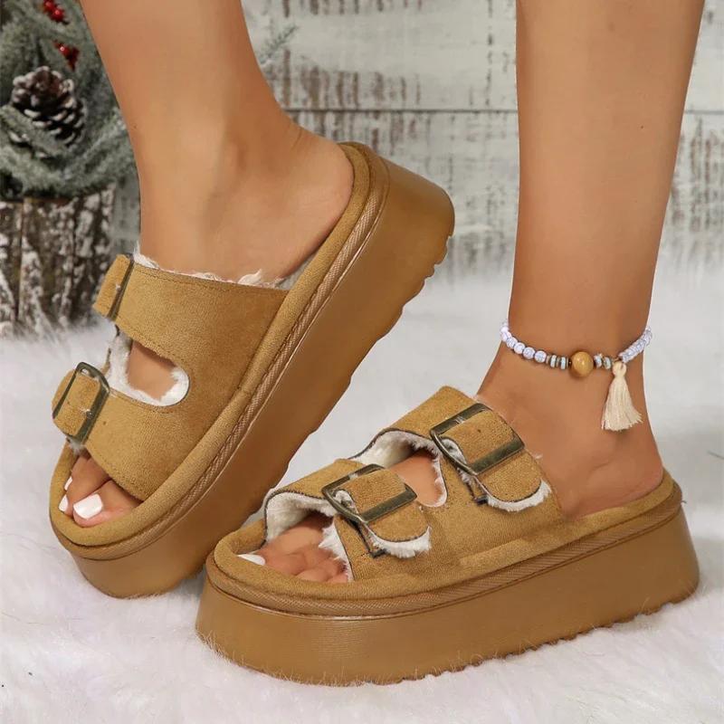 Fur Slippers Women British Style Rome Shoe Comfy Soft Winter Ladies Home Shoe Metal Buckle Casual Slipper Platform Fluffy Slides