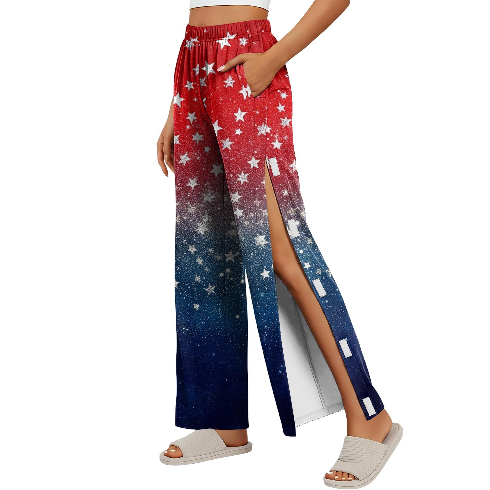 

Women Independence Day Print Side Velcro Closure Easy Open Post Surgery Recovery Care Long Pants Elastic Waistband Soft Fabric S