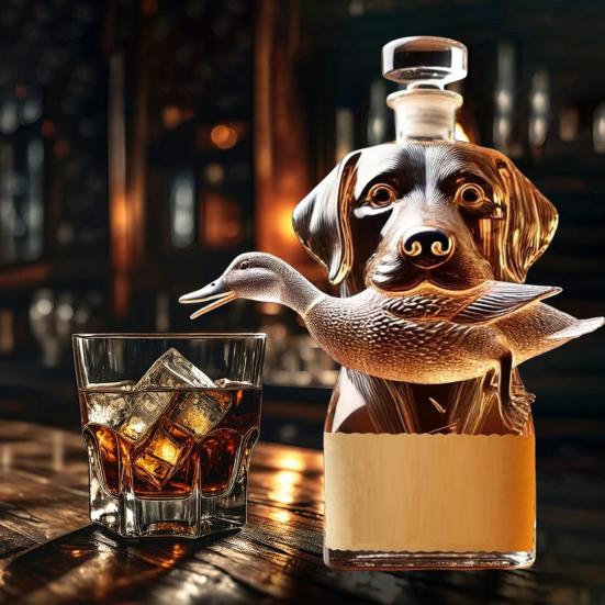 Whiskey-Karaffe mit Jagdhund, 3D-Gravur, Entenjägerhund, Glasflasche, Tier-Whiskeyflasche, Weinbehälter für Männer und Väter, Heimbar-Dekor