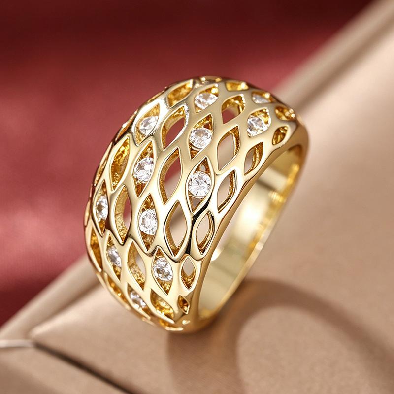 Huitan Hollow Mesh Cubic Zirconia Rings for Women Gold Color Wedding Band Accessories Statement Rings Daily Party Trendy Jewelry