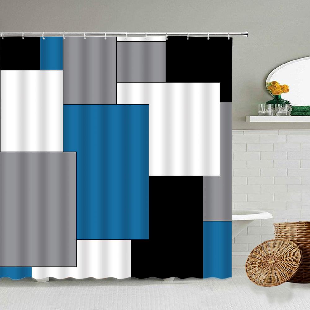 Black and White Checkered Wave Stripe Geometric Shower Curtain Bathroom Waterproof Polyester Curtain with Hook Home Decor
