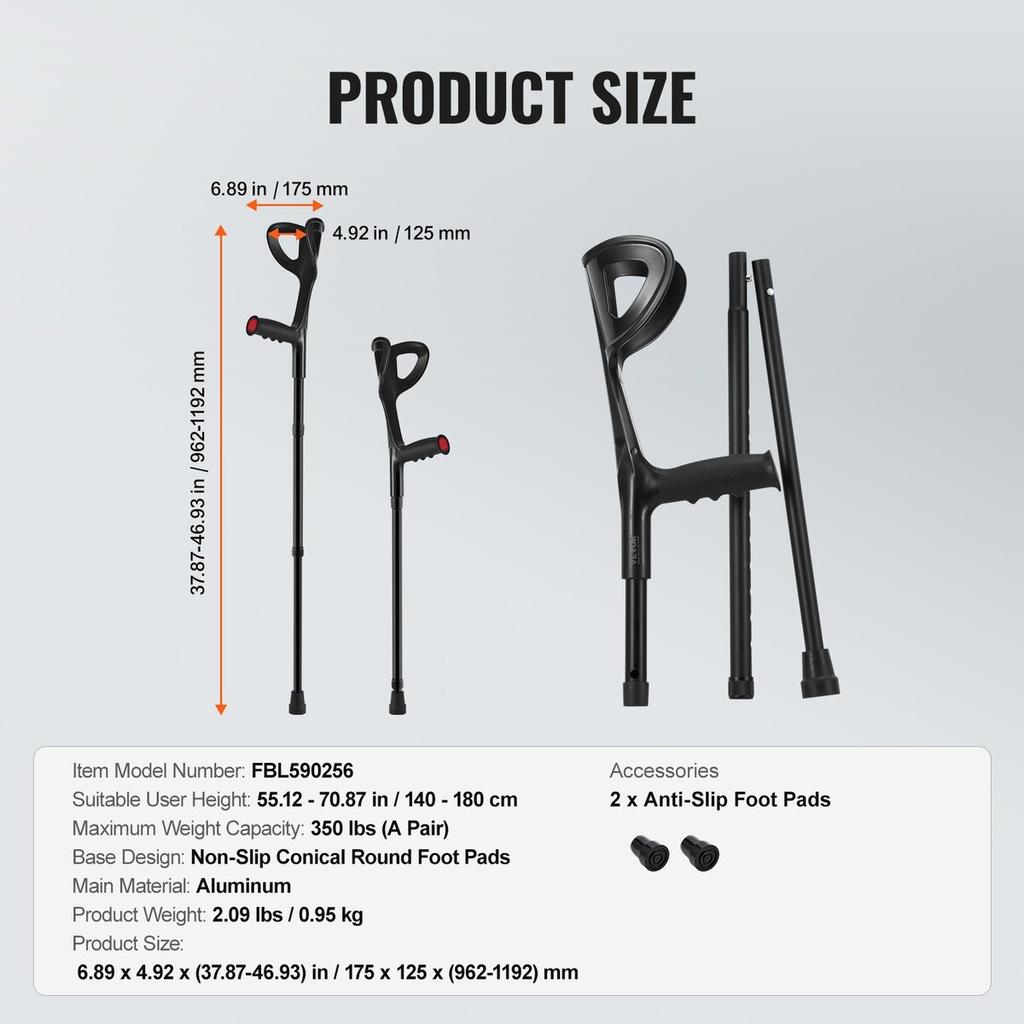 Forearm Crutches 10-Level Height Adjustable Walking Crutches 1 Pair 350LBS