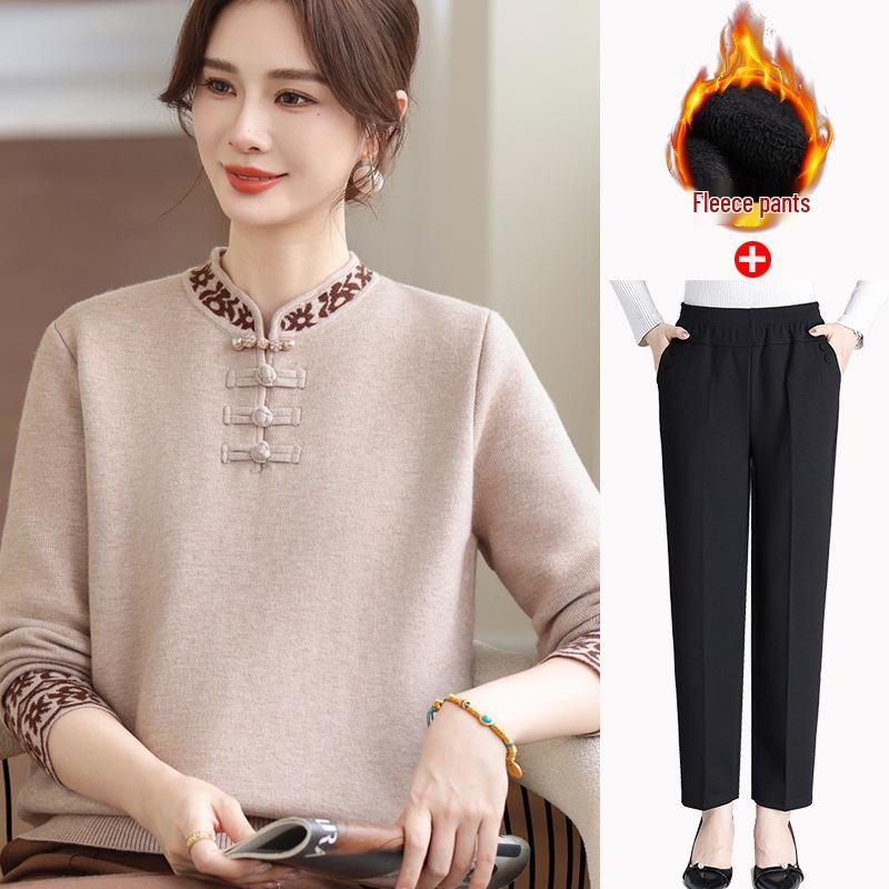 Year of the Rat Red Velvet Sweater for Mid-Aged and Elderly Women - Chinese Style Warm Winter Clothing