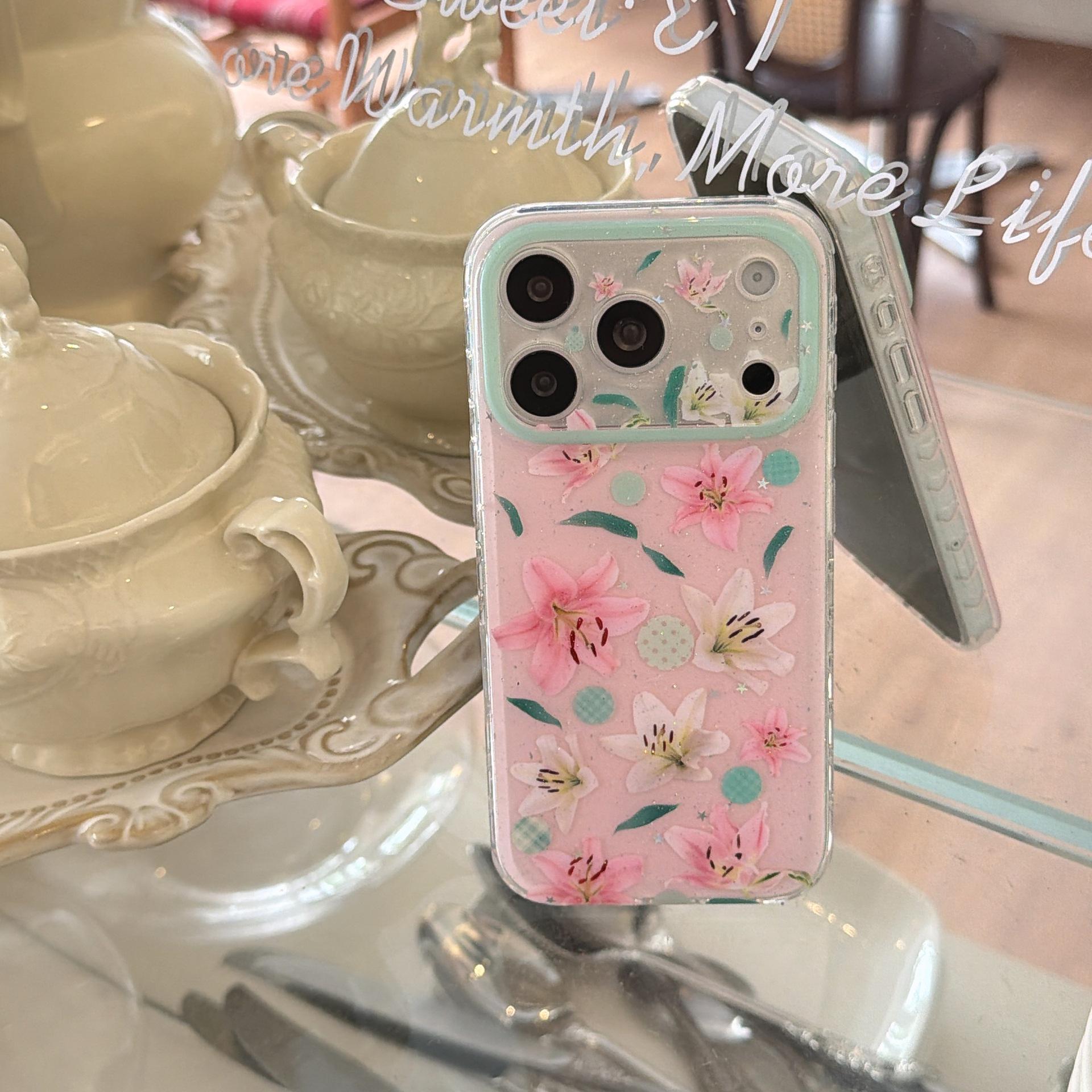 Glitter Pink & White Lily iPhone 17 Pro Max Case with Heart Design & Chain iPhone 17 Pro Max