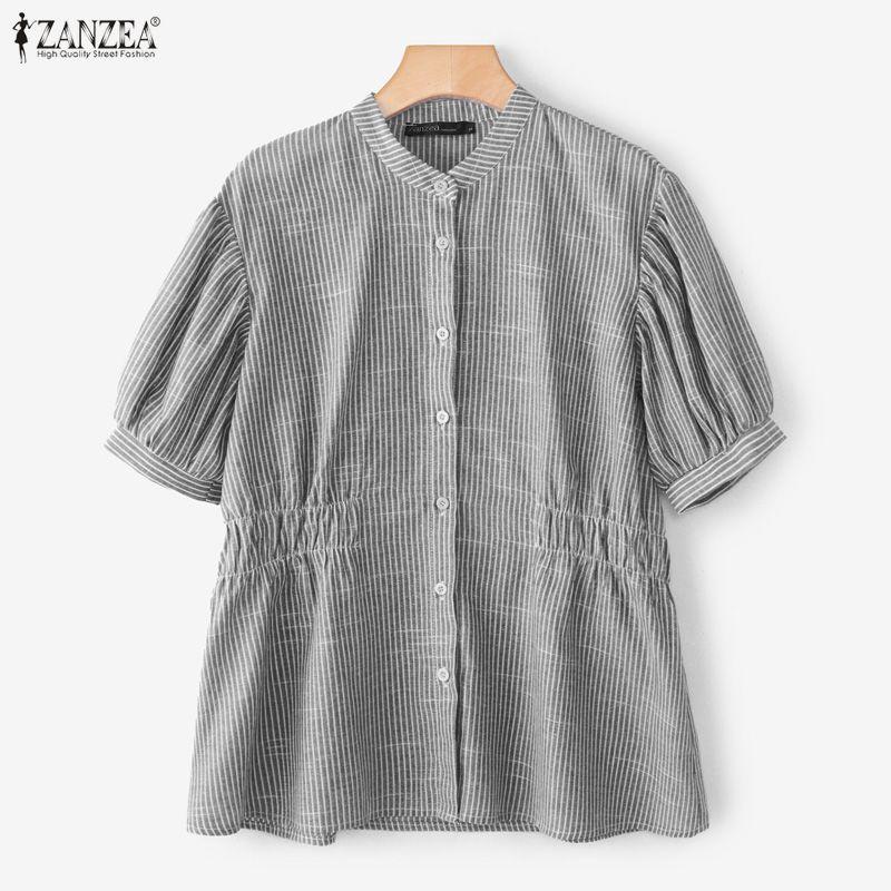 ZANZEA Women Casual Round Neck Loose Short Sleeve Stripe Blouse