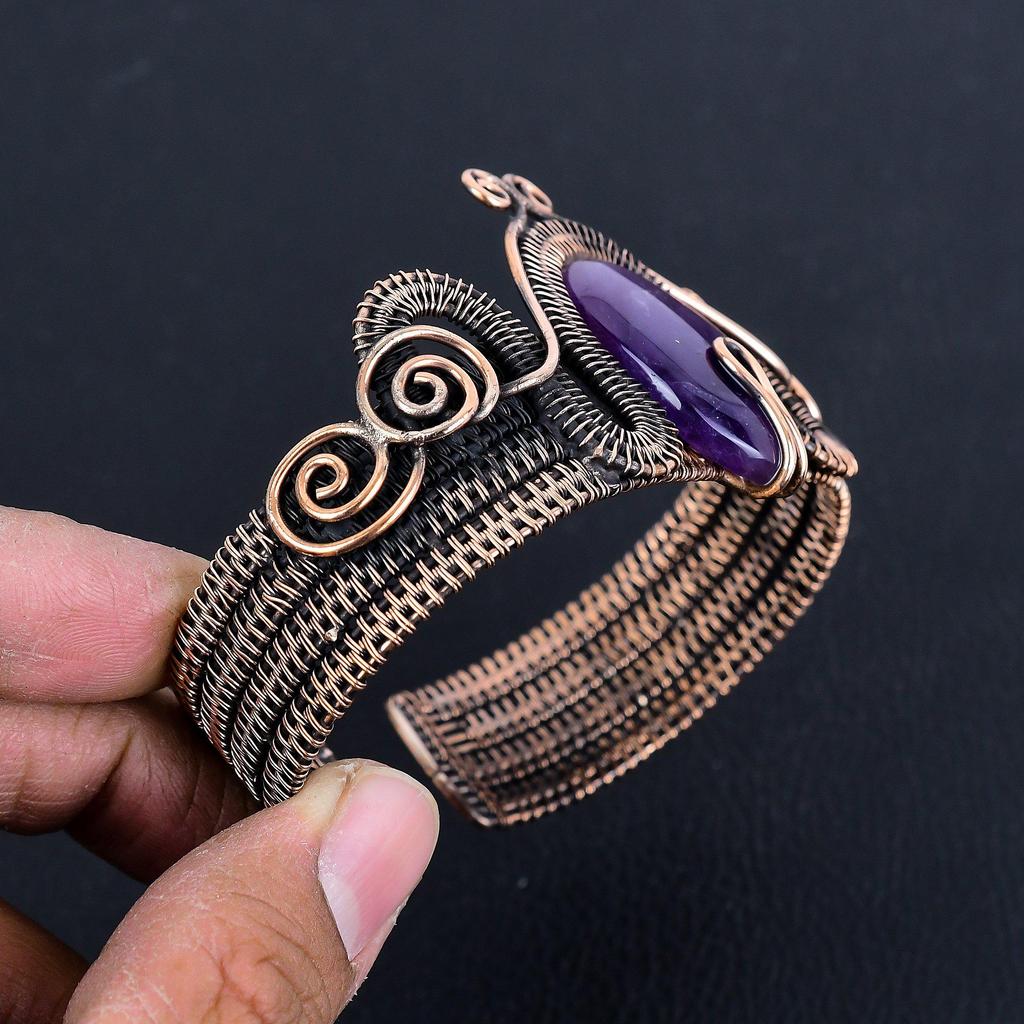 Amethyst Cuff Bracelet Real Gemstone Bangle, 999 Copper Wire Wrapped Bracelet Handmade Jewelry, Adjustable Bangle For Gift Women Jewelry