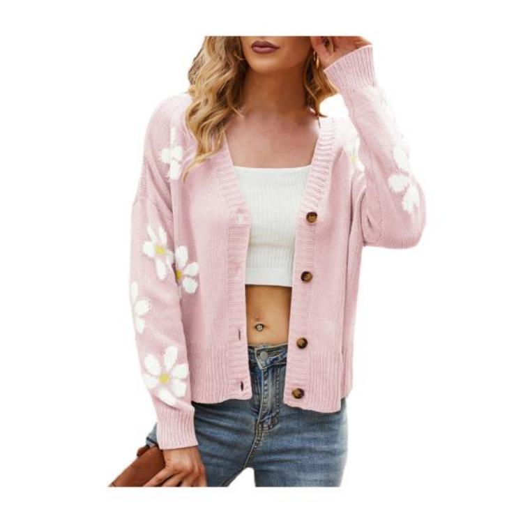 V Neck Floral Pattern Knitwear Cardigan Women Long Sleeve Button Placket Knitting Coat Sweater Jacket