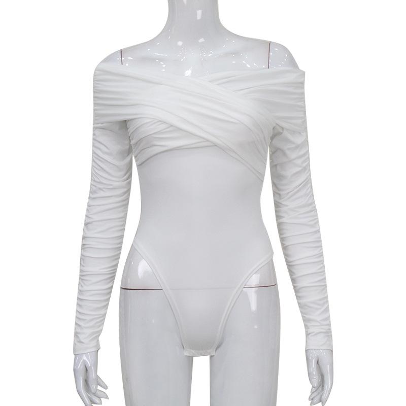European-American One-Shoulder V-Neck Ruched Long-Sleeve High-Waist Jumpsuit for Women