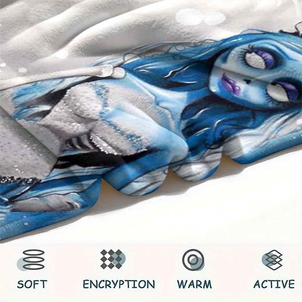 1Pc Corpse Bride Cartoon Print Flannel Blanket, High Quality Comfortable for All Seasons, Home Decor, Warmth and Comfort, Perfect for Gifts