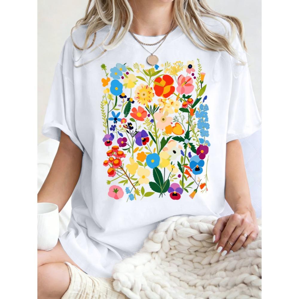 Bohemian Colorful Flowers Design Women T-Shirt Casual Y2K Short Sleeves All-Match Cotton T Shirt Oversized Summer