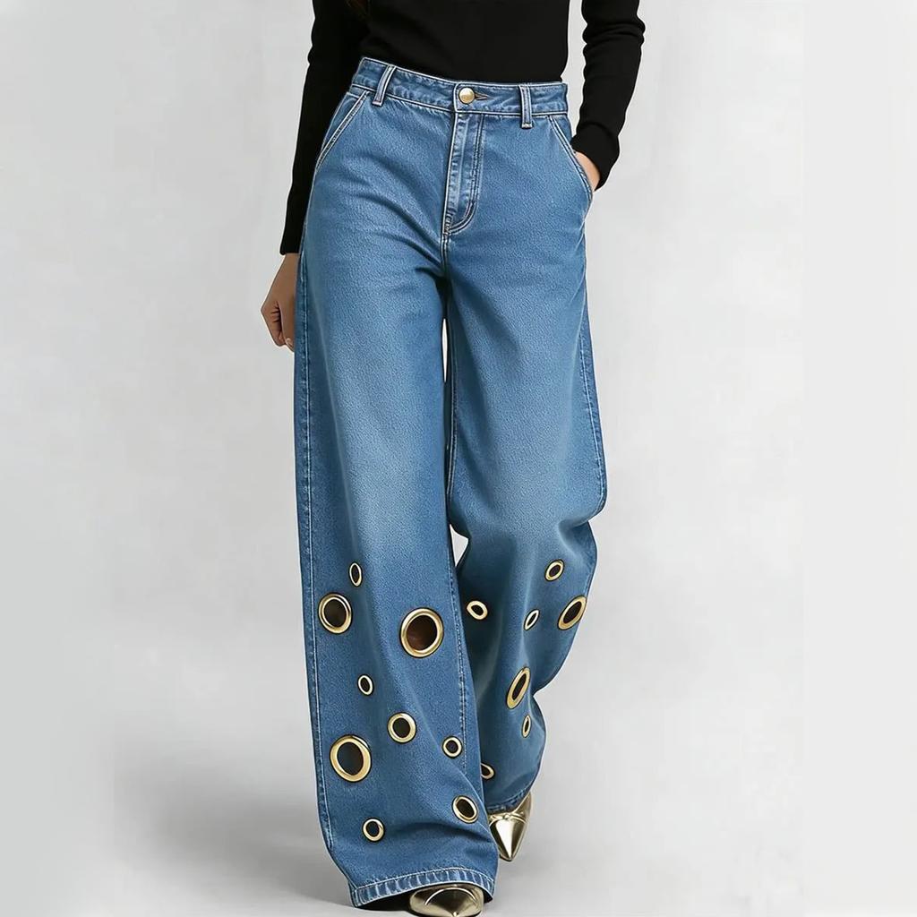 Jeans a Vita Alta Vestibilità Larga Gamba Larga con Intagli a Occhielli Metallici Pantaloni in Denim per Donna Stile Streetwear Casual
