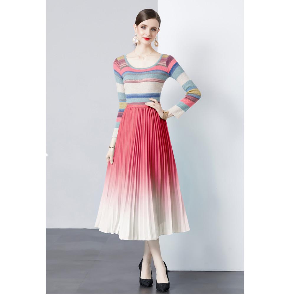 

Spring Fall Casual 2 Piece Set Women s Outfits Fashion Long Sleeve Hit Color Striped Knit Tops and Gradient Chiffon Pleated Midi Skirt Suits L червоний