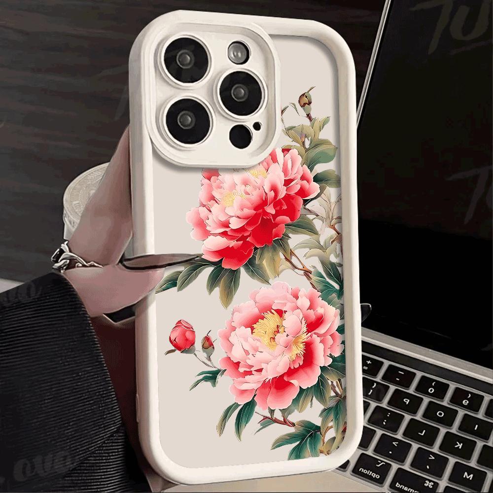 Retro peony Protect Phone Case For iPhone 16 15 Pro Max 14 13 12 11 X XS 15 14 Plus 12 13 Mini Shockproof Trendy soft Cover