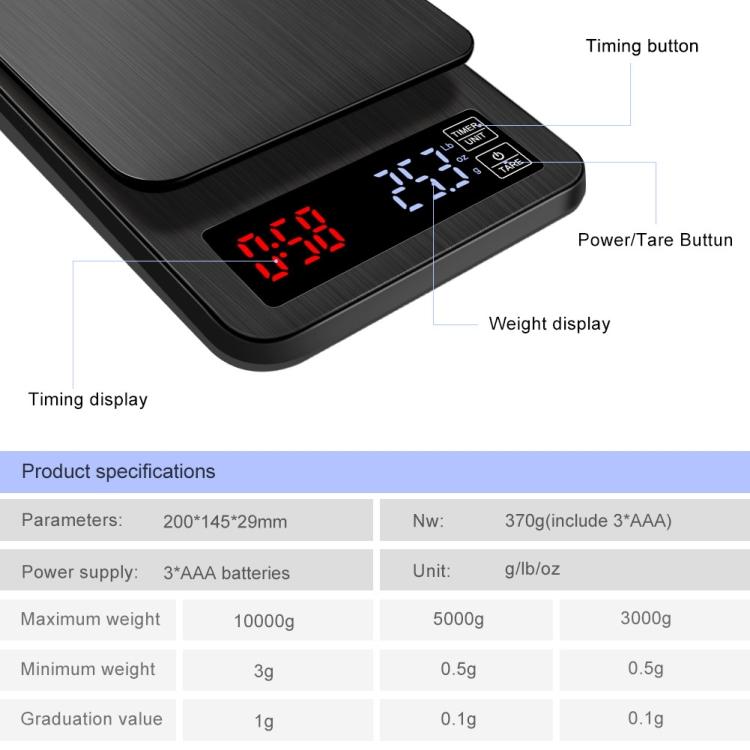 Factory Price 10kg/1g Household Hand-Pushed Coffee Scale USB-Powered Smart Kitchen Scale With Timing