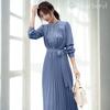 Blue Beryl Long Pleated Chiffon Dress with Long Urban Elegant and [Original Color] Women's Sleeves, Style, Casual, Blue, BB054-BL-M
