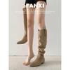 Cowhide version~ retro matte tall western boots women's fat mm big tube circumference thin boots thick heel long tube stacking boots