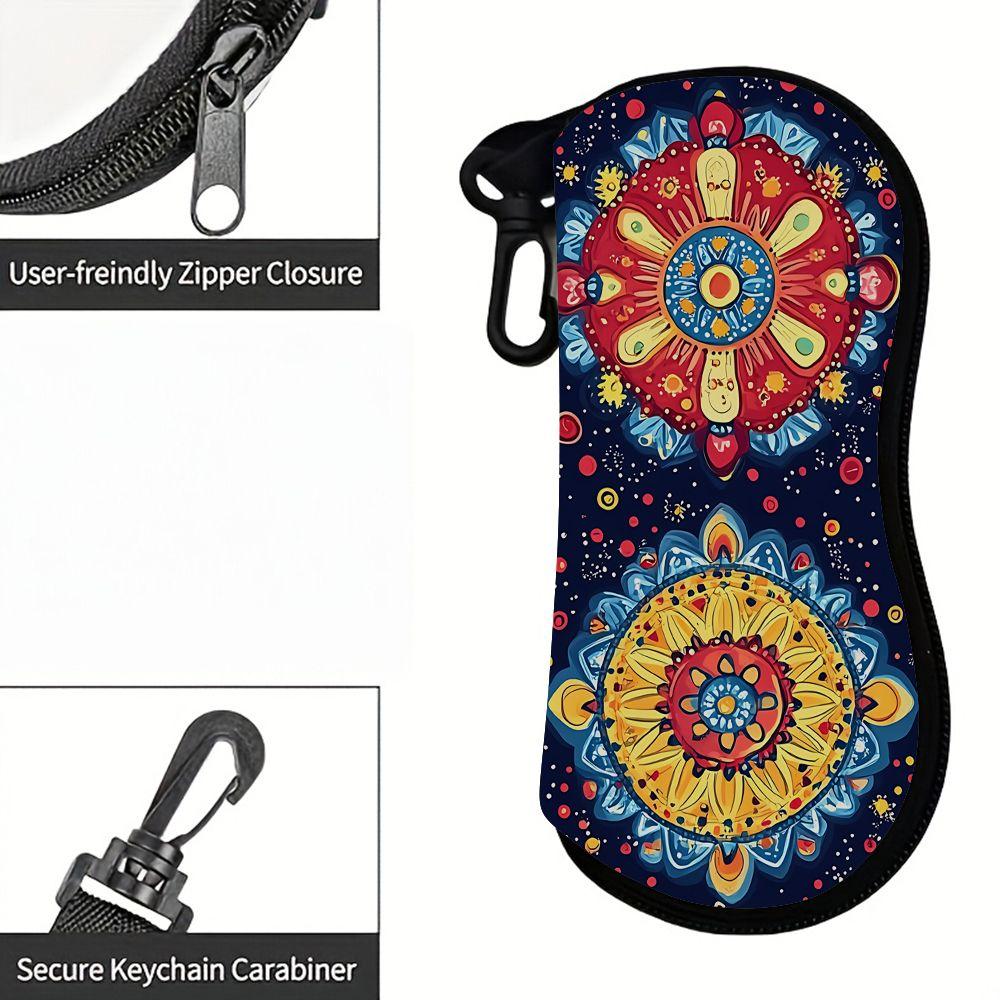 2D-Boho Mandala Patterned Zipper Sunglasses Case, Protective Eyewear Storage Box, Lightweight Travel Glasses Holder for Women Daily Accessories