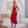 2024 Summer Silky Solid V-Neck Ruffle Hem Mid-Length Dress