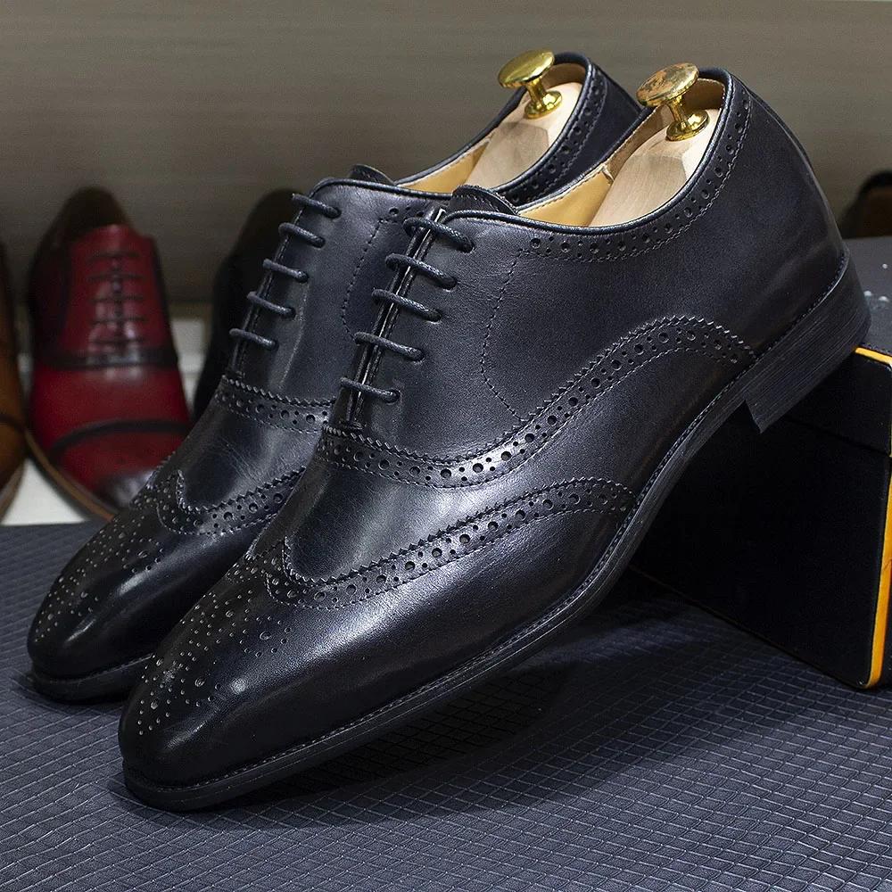 Fashion Luxury Italian Style Mens Dress Shoes Calfskin Genuine Leather Brogue Business Wedding Party Wingtip Formal Oxford Shoes for Men