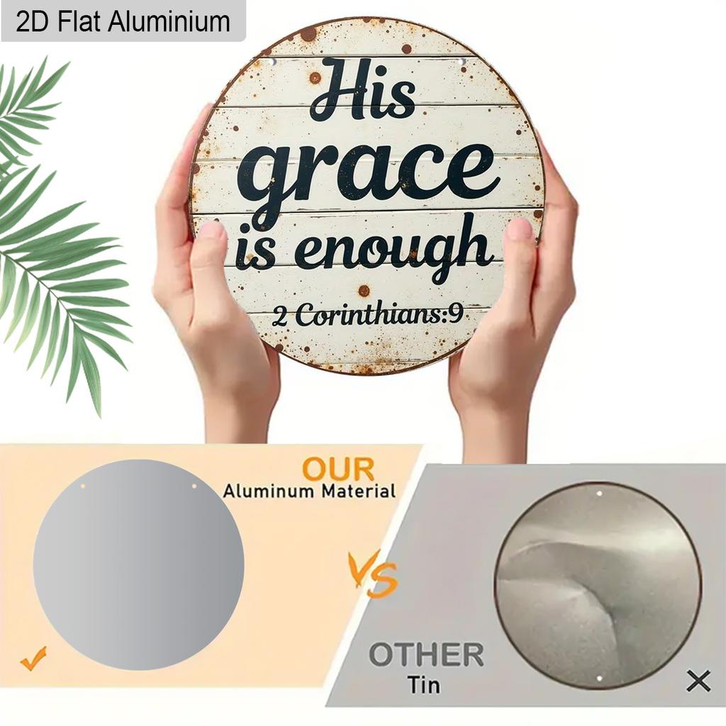 2D Flat Aluminum His Grace Is Enough Christian Wall Decor, Round Metal Sign with Rustic Wood Look, 2 Corinthians Bible Verse Scripture Plaque for