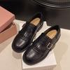 Sheepskin Version~ Retro Brock Square Head Loafer Single Shoes Women'S Versatile Black Belt Buckle Fringed Small Leather Shoes