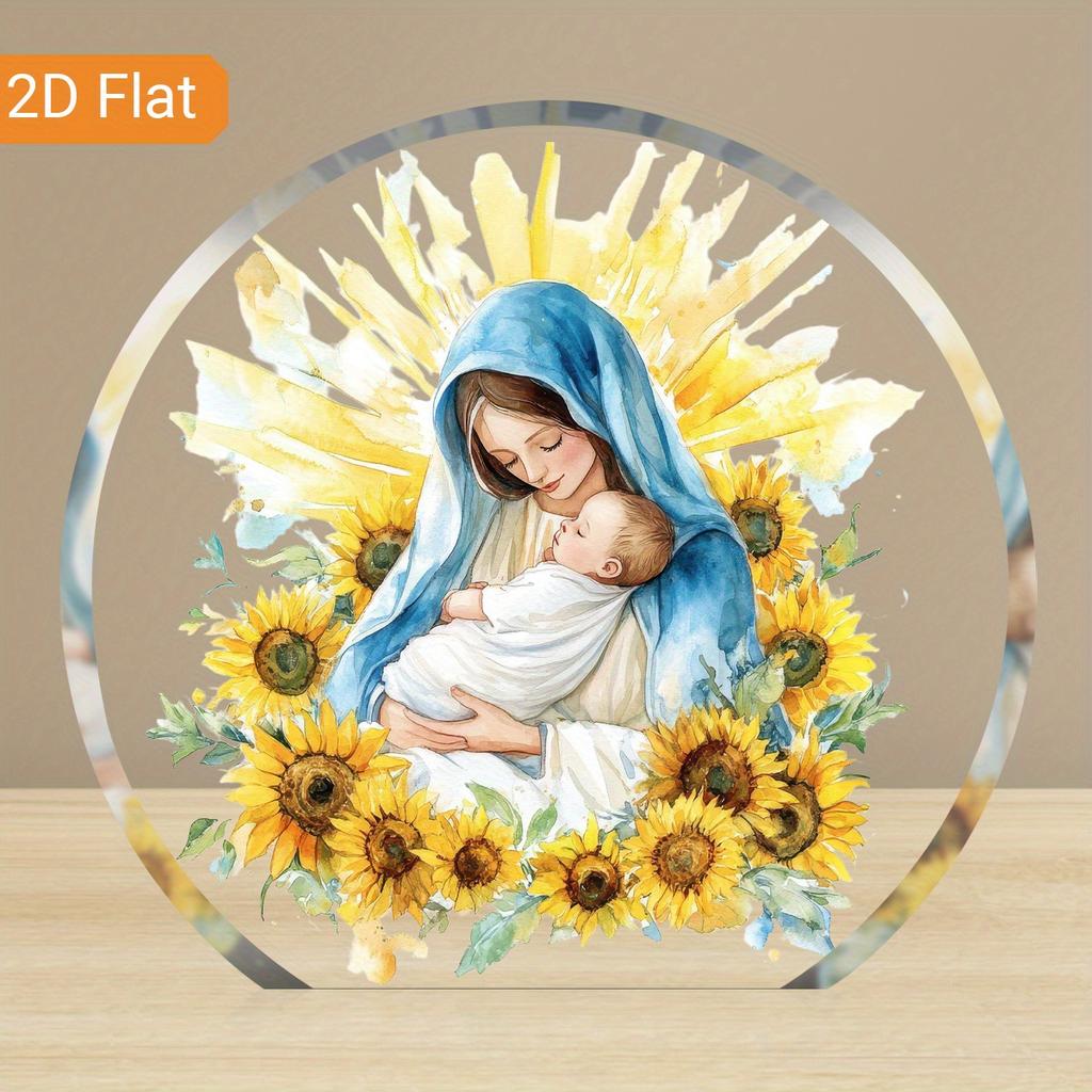 1pc Virgin Mary and Young Jesus Acrylic Decorative Sign - Serene Religious Art with Garland, Perfect for Home, Office Desk, Holiday Gift