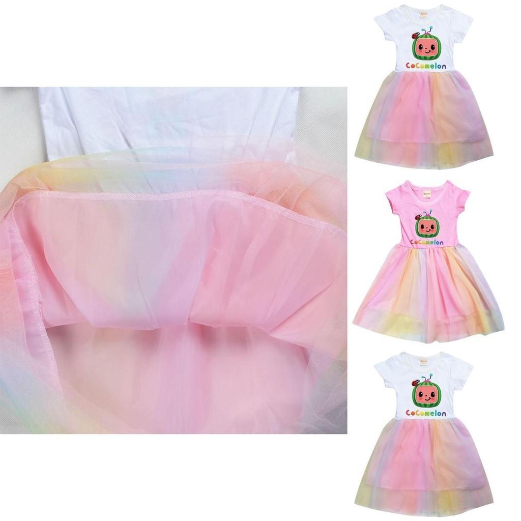 Cocomelon Kinder Mädchen Prinzessinnenkleid Mit Kurzem Ärmel Cartoon Anime Druck Und Atmungsaktivem Netzstoff