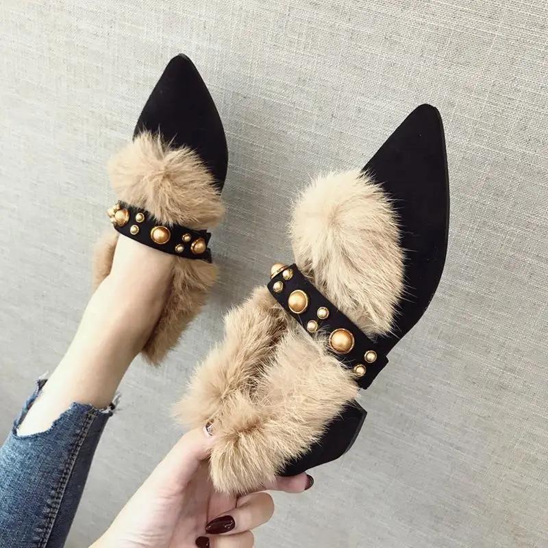Fashion Trendy Fur Shoes Women's Autumn/winter Outerwear 2025 New Style Versatile Pointed Mid Heel Coarse Heel Shoe Hopping Bean Shoes